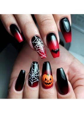 2/$10 Halloween Ombre Black to Red Coffin Nails Spiderweb & Pumpkin False Nails